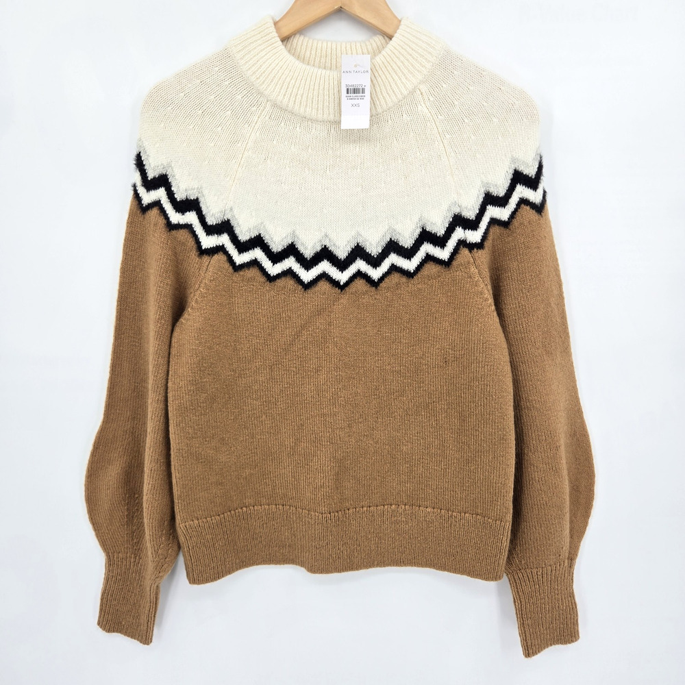 NWT Ann Taylor Fair Isle Colorblock Sweater Wool Blend Neutrals Apres Ski XXS